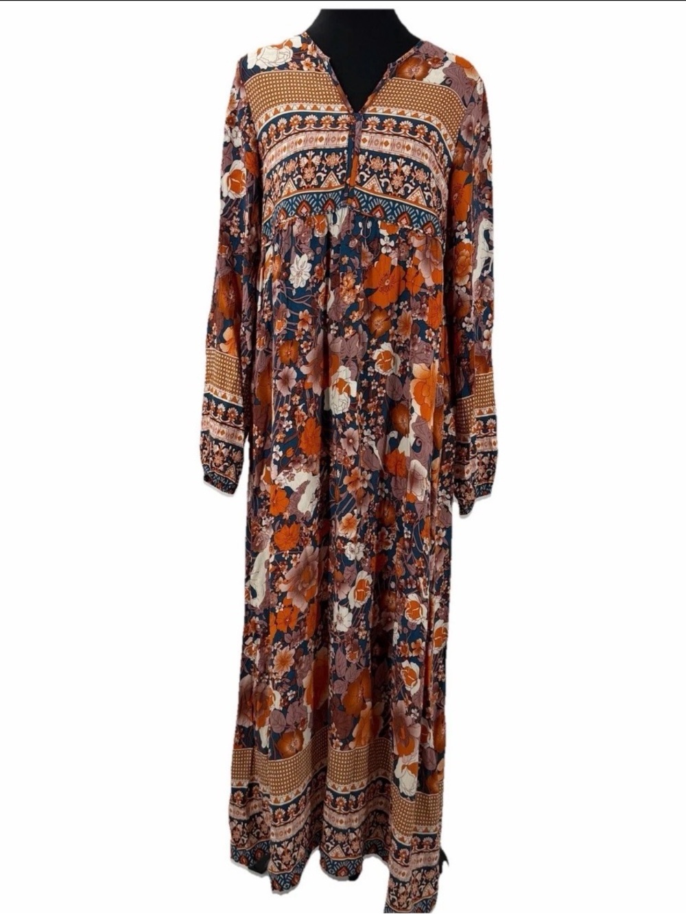 Lance Cade Boho Floral Maxi Dress Cotton Long Sleeve Peasant Prairie Medium